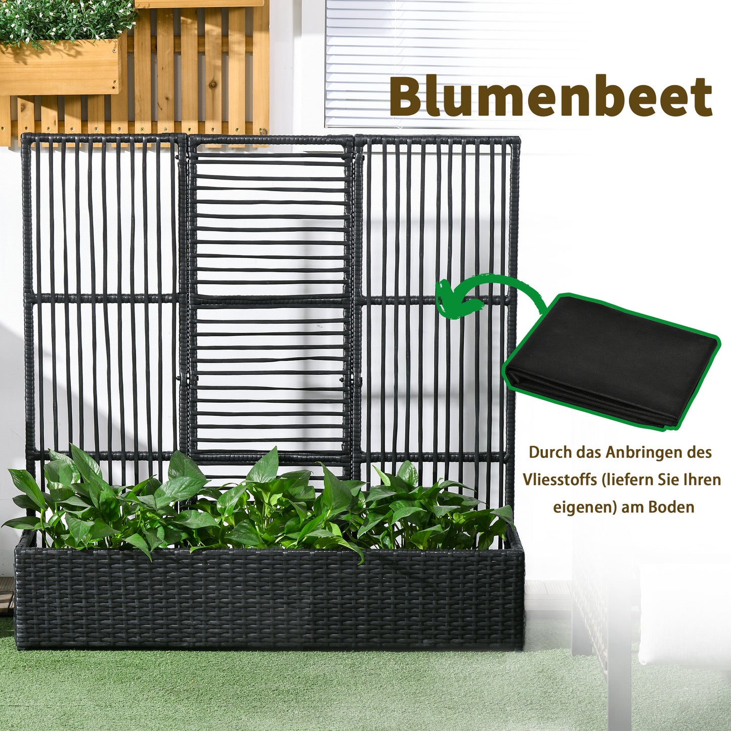 Bloempot – Plantenbak – Plantenbak Met Klimrek – Verhoogde Bloembak – Bloemenbak – Weerbestendig Poly Rattan – 103x103x29 cm Zwart