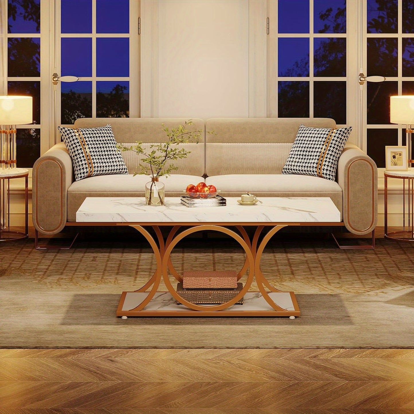 Salontafel – Woonkamertafel – Bijzettafel – Koffietafel – Lounge tafel – 120 cm Wit Goud – Nepmarmeren Blad – Opbergruimte & Geometrisch Metaalframe