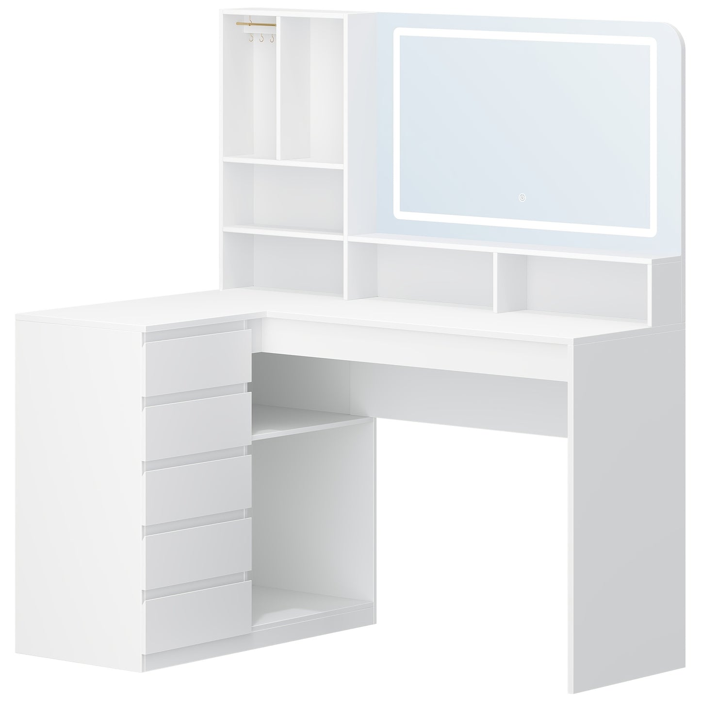 Kaptafel – Make-up Tafel – Vanity Table – Dresser Met Spiegel – Opbergtafel – L-vormige Hoekkaptafel – LED-verlichting – 5 Lades & 7 Open Vakken – Grote Spiegel – Wit
