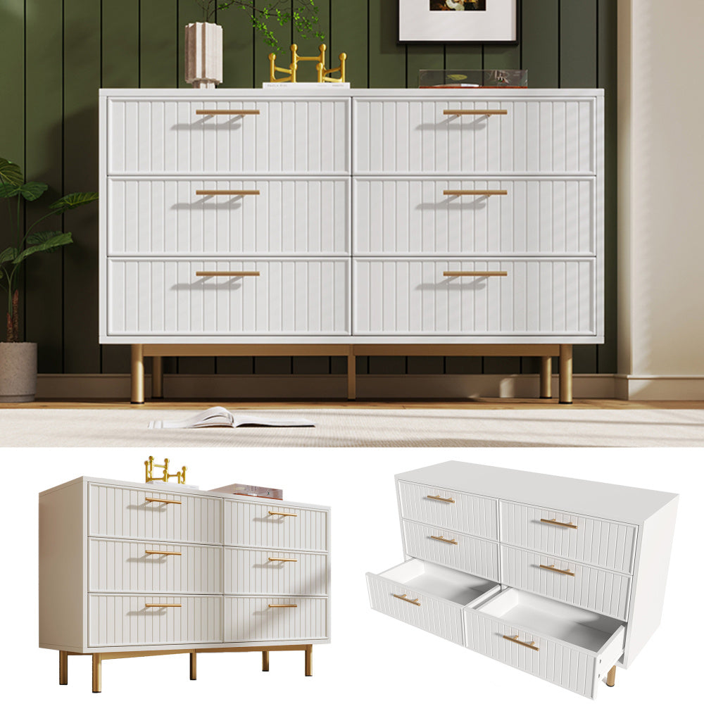 Ladekast – Ladenkast – Kommode – Dressoir – Opbergkast – Wit – 6 Lades – Compact Design Met Gouden Handgrepen – 68,5 cm Hoog