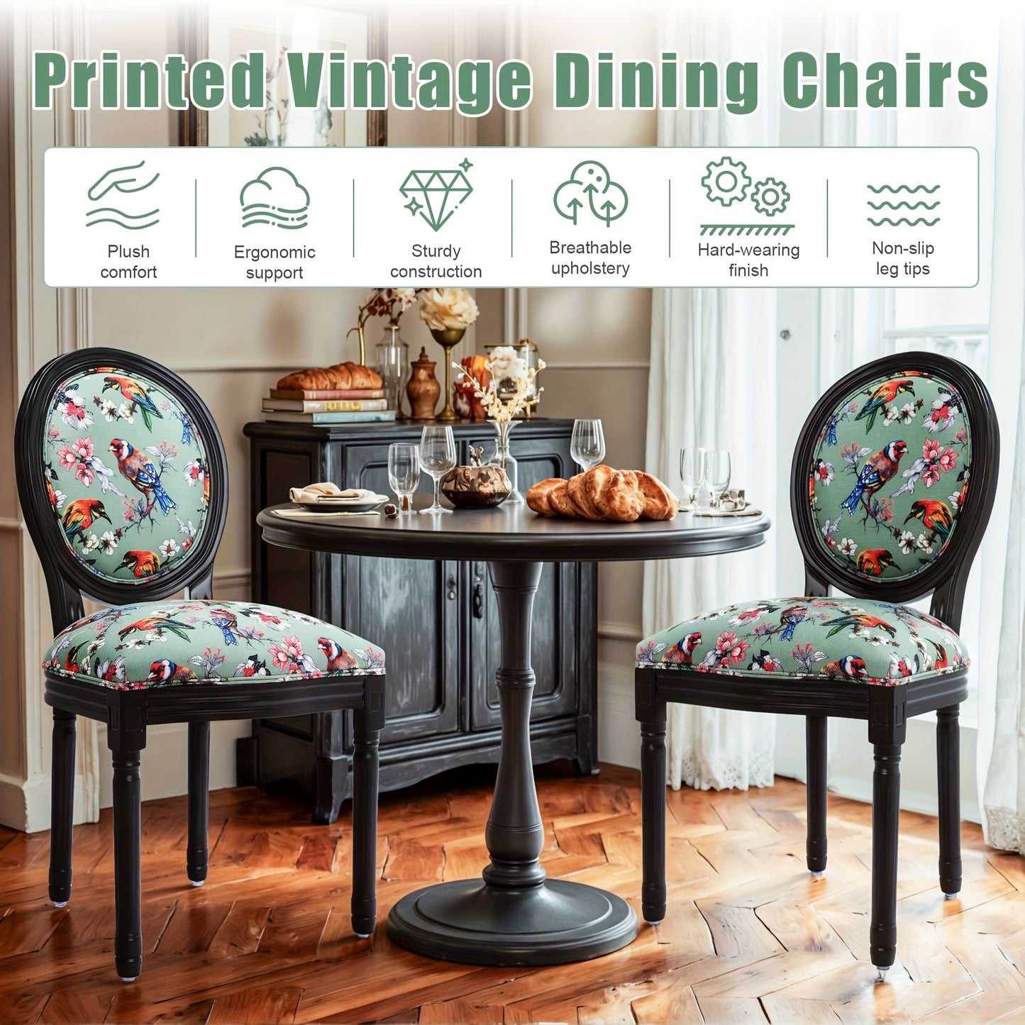 Eetkamerstoel – Stoel – Kuipstoel – Woonkamerstoel – Keukenstoel – Massief Houten Frame – Ademend Linnen Bekleding – Ergonomische Ovale Vleugelrug – Zonder Armleuningen – Vintage Franse Louis XVI Stijl – Groen