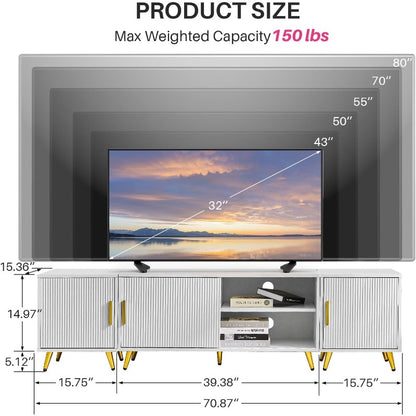 TV-Stand – TV-Meubel – Media Console – TV-Kast – Entertainmentmeubel – Wit Met Gouden Accenten – Geschikt Voor 80 Inch TV – Twee Afsluitbare Kasten