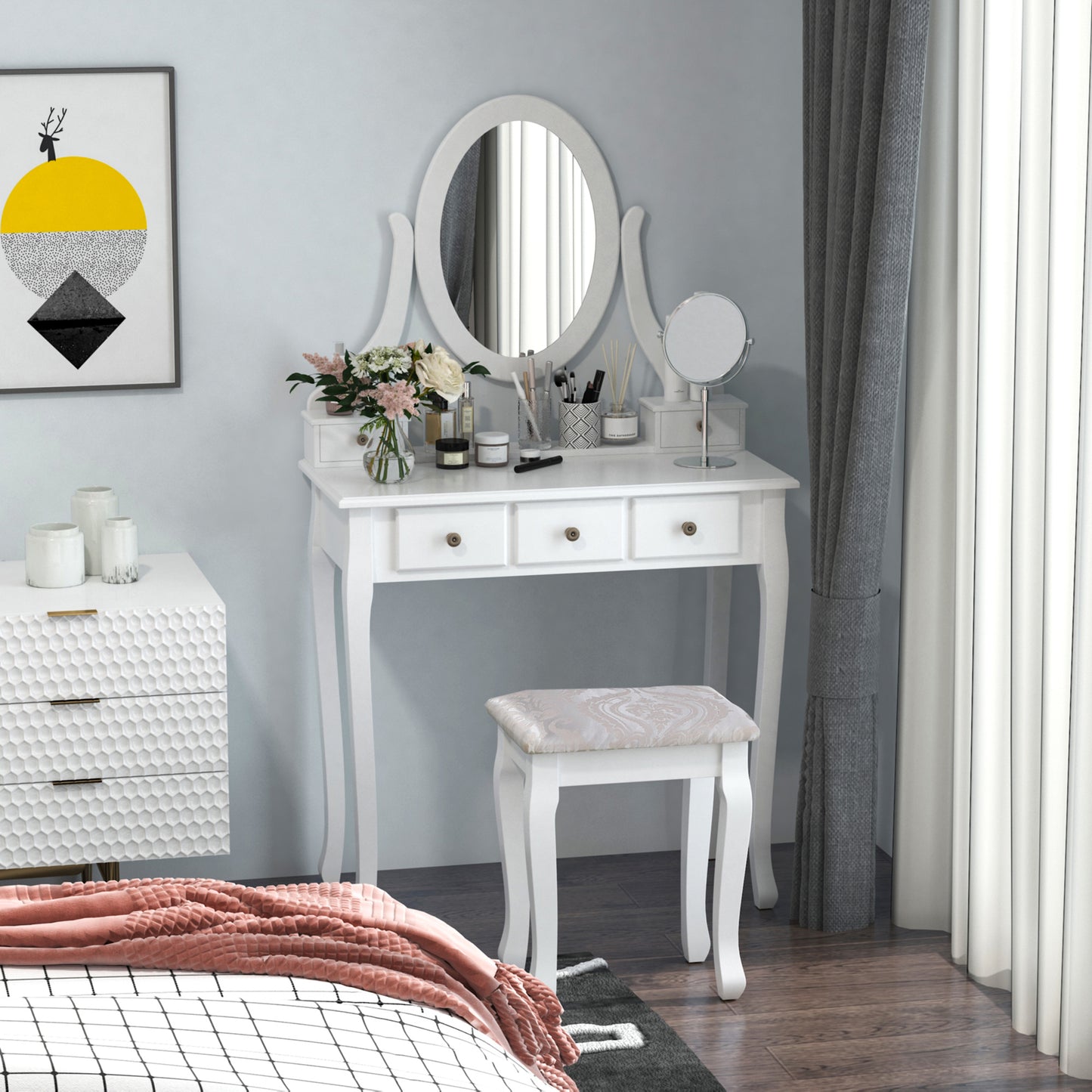 Kaptafel – Make-uptafel – Sieradentafel – Make-upmeubel – Kaptafelset Wit – 5 Ruime Laden – Massief Dennenhouten Poten
