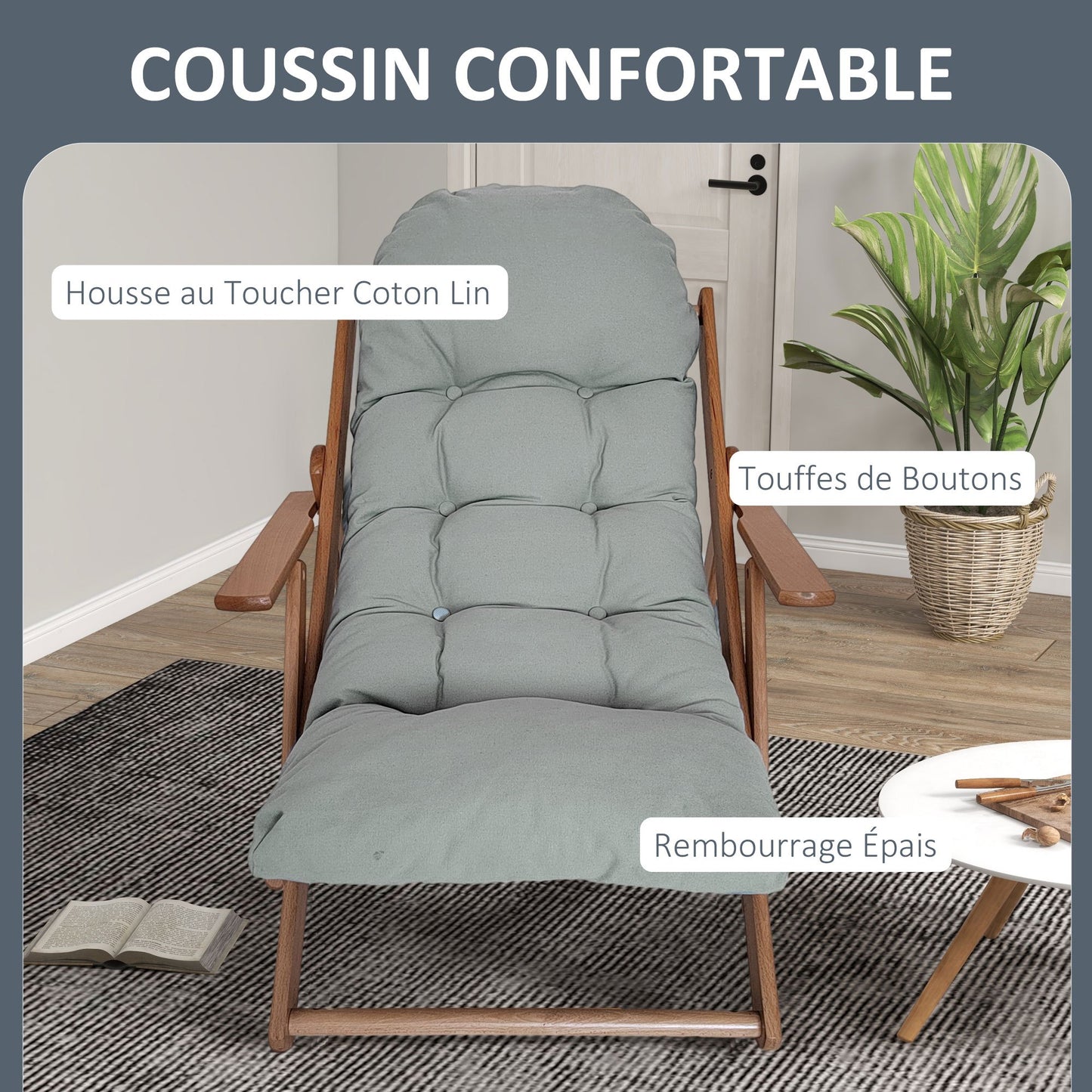 Loungestoel – Relaxstoel – Verstelbare Stoel – Klapstoel – Houten Stoel – Comfortabel Zitkussen – Massief Beukenhout