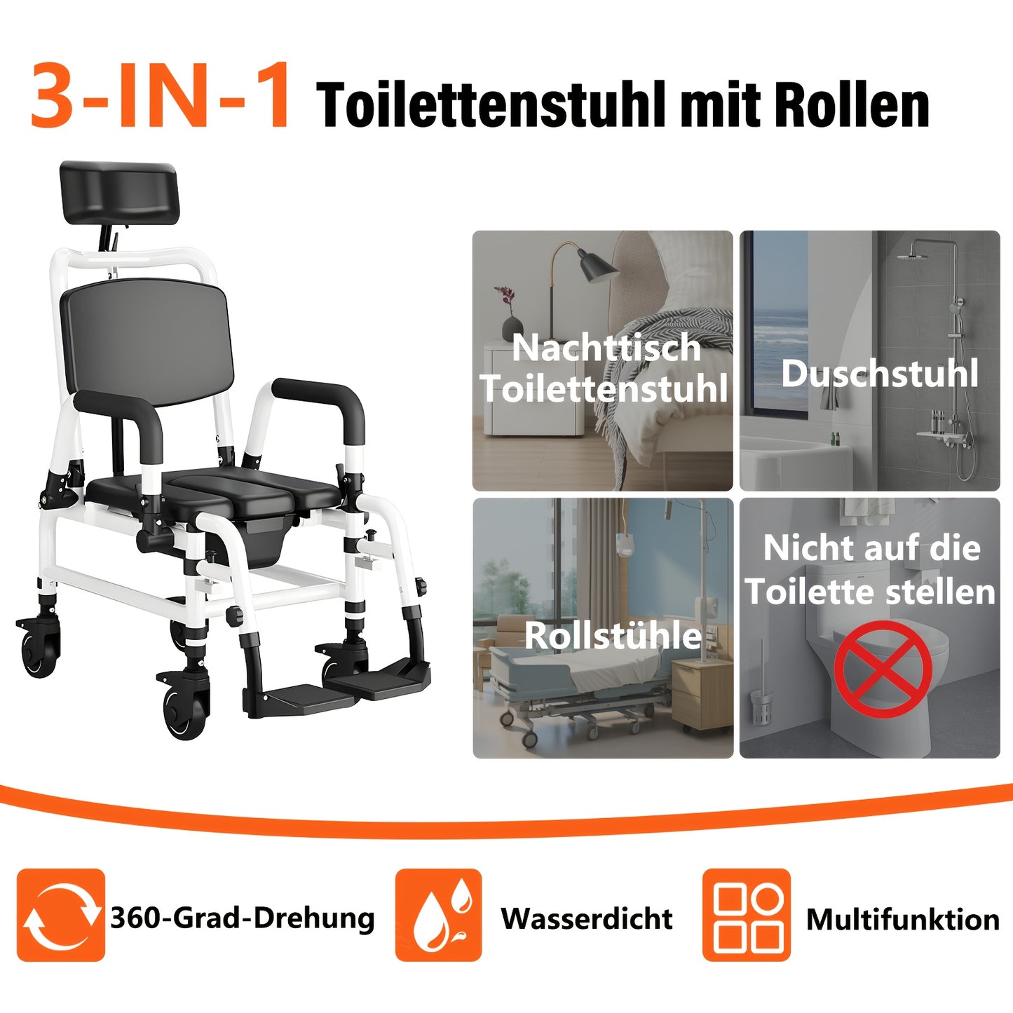 Toiletstoel – Postoel – Douchestoel – Commode Stoel – Opvouwbare Zitstoel – Verstelbare Zitting en Rugleuning – Inclusief Wielen met Remmen