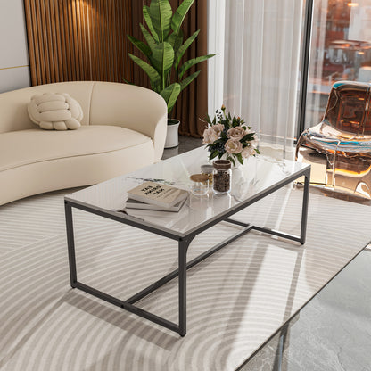Salontafel – Koffietafel – Woonkamertafel – Bijzettafel – Tafeltje – Wit Sintersteen Blad – Kras- en Hittebestendig – Roestvrij Aluminium Frame