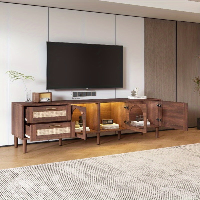 180cm TV Meubel – Tv Stand Living Room – Meubel Tv Met Rattan Lades – Tv Kast Met Glasdeuren – Entertainment Center – Metaal Frame – Stijlvol Design
