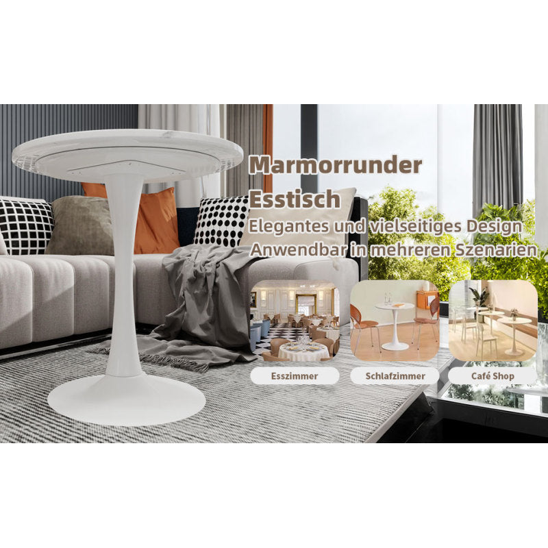 Ronde Tafel – Eettafel – Salontafel – Bijzettafel – Werktafel – Kunstmarmer Blad – 70 cm Diameter – Wit Met IJzeren Poot – Geen Montage Nodig