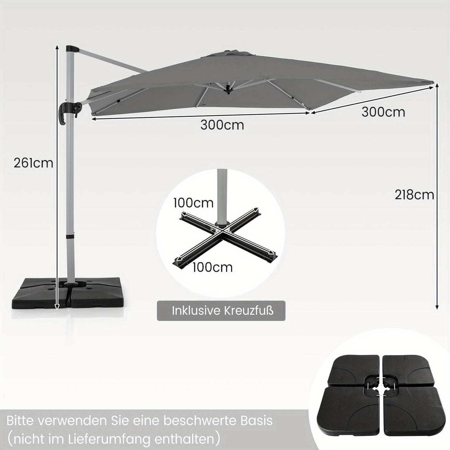 Zweefparasol – Hangparasol – Tuinparasol – Terrasparasol – Kantelbare Parasol – 3m Groot – 360° Draaibaar – Aluminium Frame – Scheurbestendig Polyester