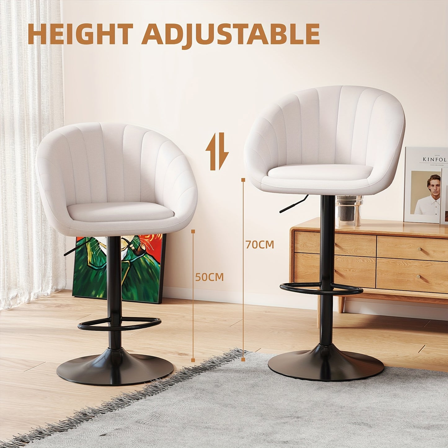 Receptiestoel – Wachtruimtestoel – Vergaderstoel – Eetkamerstoel – Bureaustoel – Hoogte Verstelbaar – Luxe Beige Linnen Bekleding – Met Ergonomische Rugleuning – Set van 2