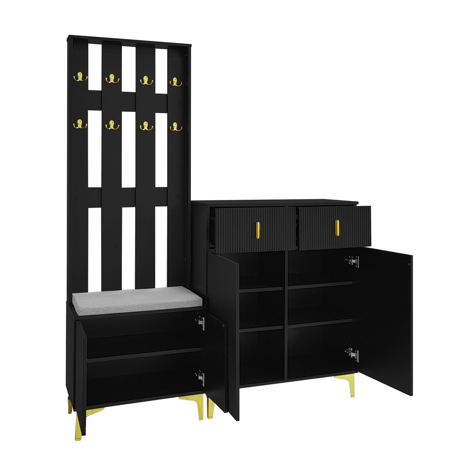 Wardrobe Set With Shoe Bench And Cushions, Wardrobe Front With Hooks, Shoe Cabinet With Drawers And Doors