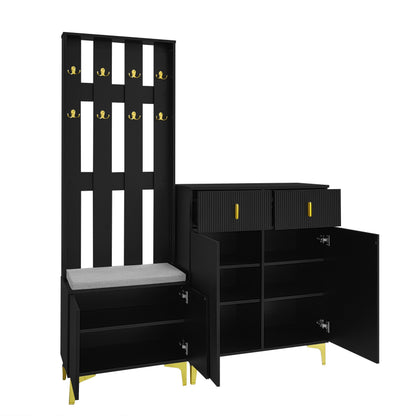 Wardrobe Set With Shoe Bench And Cushions, Wardrobe Front With Hooks, Shoe Cabinet With Drawers And Doors