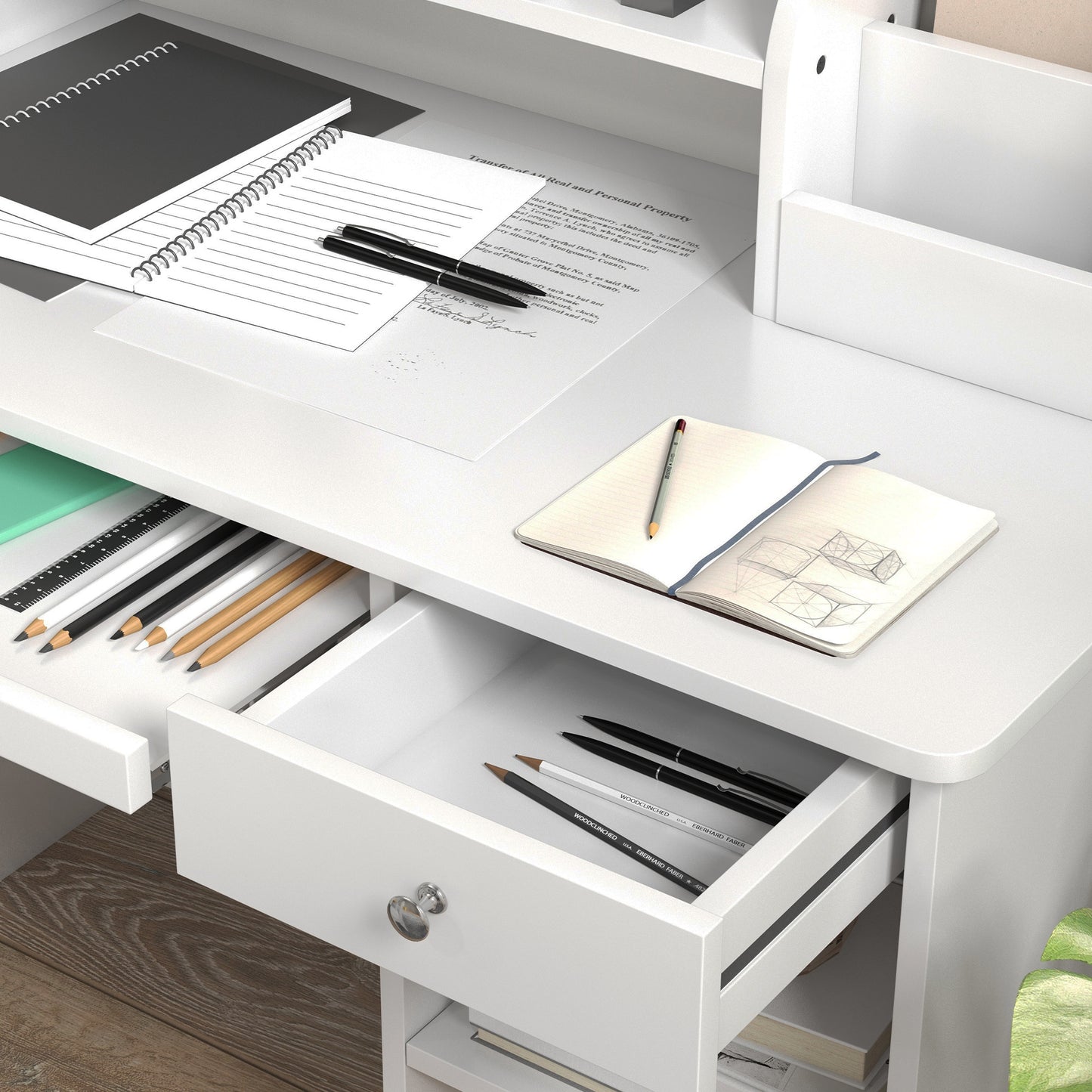 ZONEKIZ Office Set with Desk And Chair for Children Aged 5-8 with Many Storage Compartments, Sliding Tablet, And Drawer Ideal for Writing, Reading, And Drawing, White