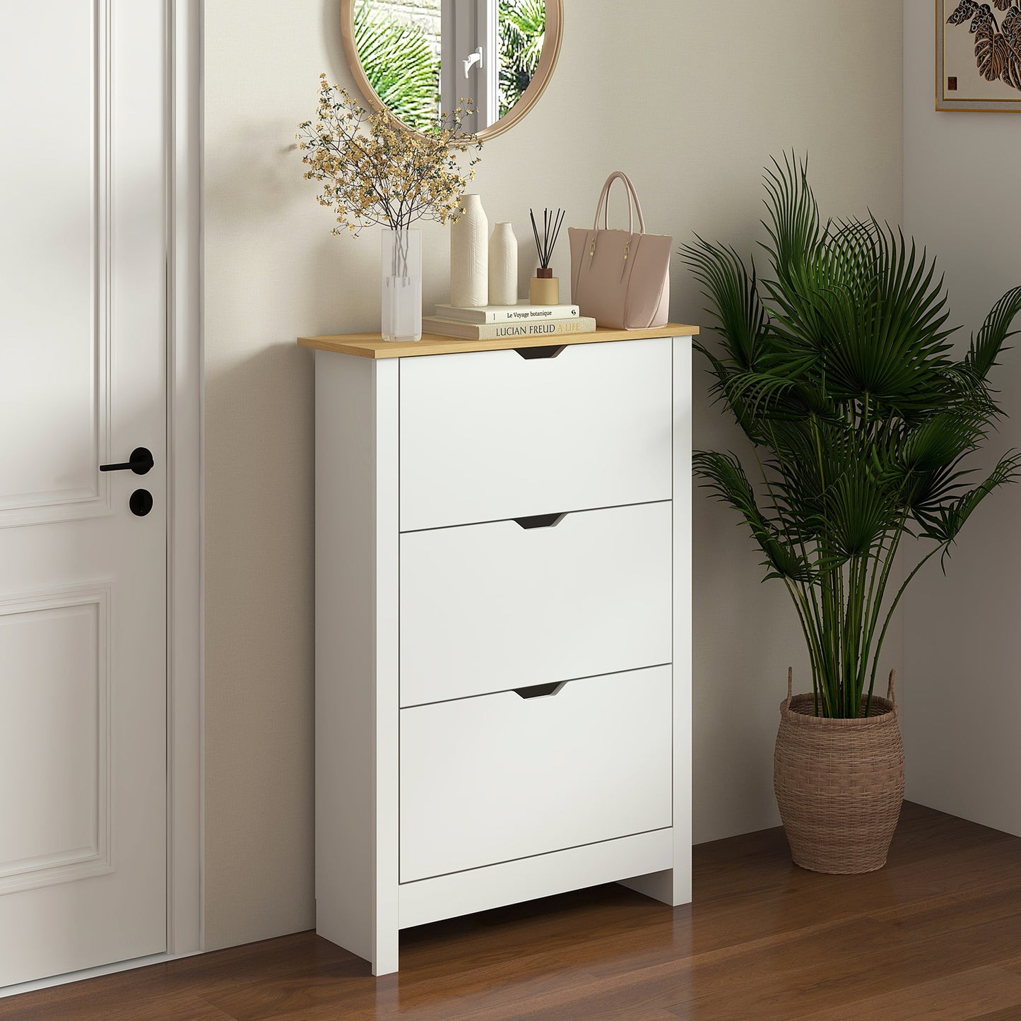 Schoenenkast – Schoenenrek – Schoenopberger – Schoenmeubel – Schoenendisplay – Natuurlijk Bamboe – 3 Vouwdeuren Met 2 Compartimenten