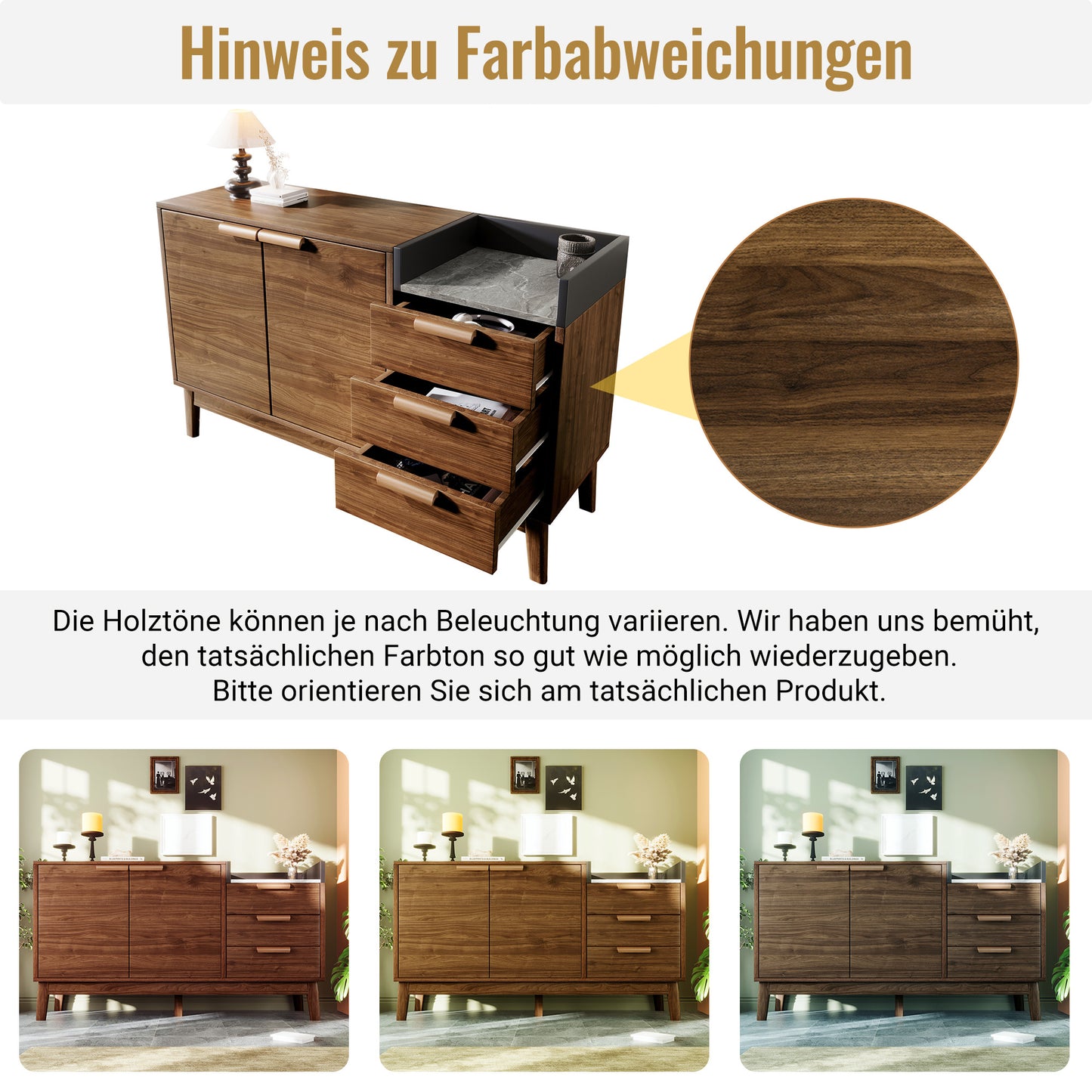 Dressoir – Sideboard – Buffetkast – Opbergkast – Kast – Eikenhout Met Marmerlook – Verstelbare Planken – 11 cm Hoogte Voor Robotstofzuiger