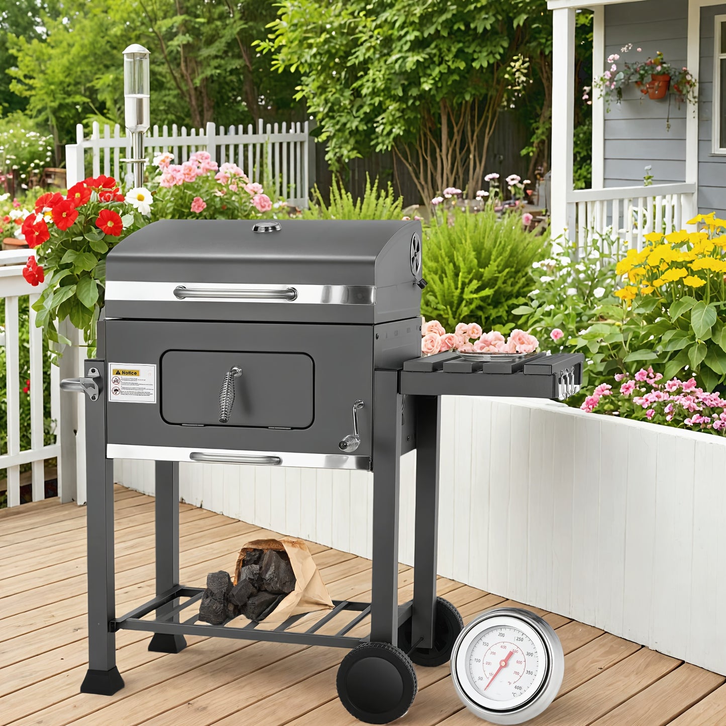 Houtskoolbarbecue – Barbecue – Houtskoolbarbecue – Smoker – Grill – Ruim Grilloppervlak 124x56x140 cm – Ingebouwde Thermometer en Verstelbare Ventilatie