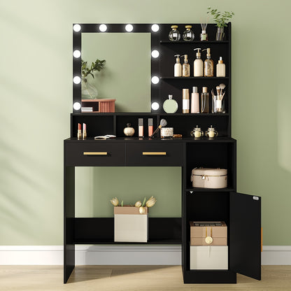 Kaptafel – Make-up Tafel – Dressing Table – Schminktisch – Toilettafel – Zwarte Kaptafel – Verstelbare LED-Verlichting – Veelzijdige Opbergruimte met Laden en Kastje