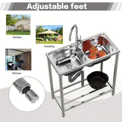 Double sink stainless steel sink with 2 basins, standalone kitchen sink with hot and cold water faucet and drainage kit, suitable for garden and camping