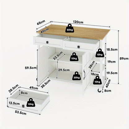 Keukentrolley – Serveerwagen – Keukenrolwagen – Opbergtrolley – Keukenwagen – Uitklapbaar Werkblad – 120 x 65 cm – Met 2 Lades – Met Wieltjes