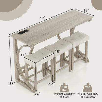 Bar Tafel Set – Barkrukken – Bistro Set – Keuken Tafel – Eetkamer Set – Met Ingebouwd Oplaadstation – Robuust Houten Frame – 3 Barkrukken – Grijs-Beige