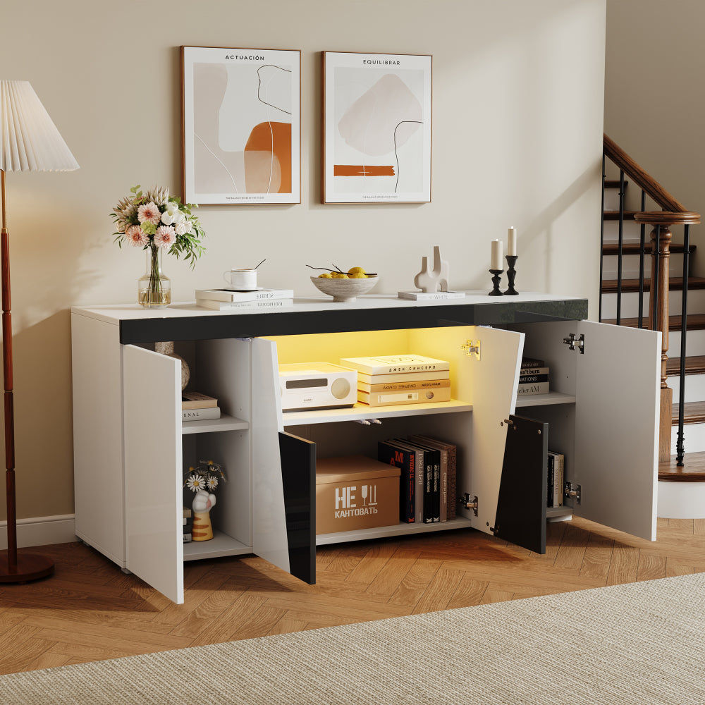 Modern Large Storage Cabinet with 3 Cabinets & 4 Doors - Angled Design Black & White Color Sideboard, Metal Frame Furniture Unit Suitable for Living Room, Entryway, Hallway - Space-Saving Vertical Shelving