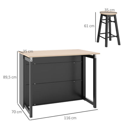 Barset – Barkrukken – Bartafel – Barmeubel – Barhoek – Opklapbaar Tafelblad – 6 Opbergruimtes – Metaal & Eikenhout – Compact & Stijlvol – Zwart/Beige – 116x70x89,5 cm