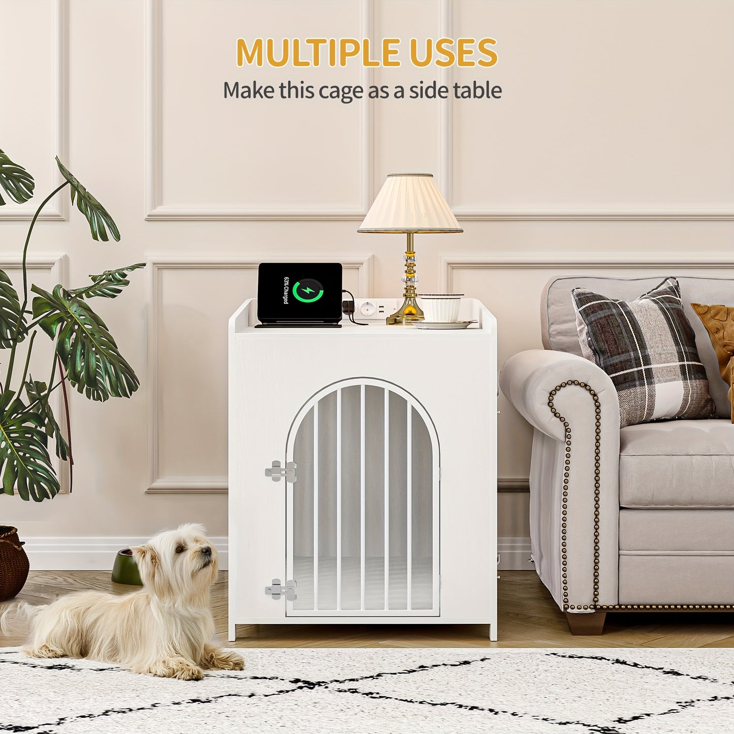 Hondenbench – Hondenkooi – Hondenhok – Bench – Reisbench – Wit – 2 Deuren – Met USB Poorten & Stopcontact – 90x63x79 cm – Voor Middelgrote Honden