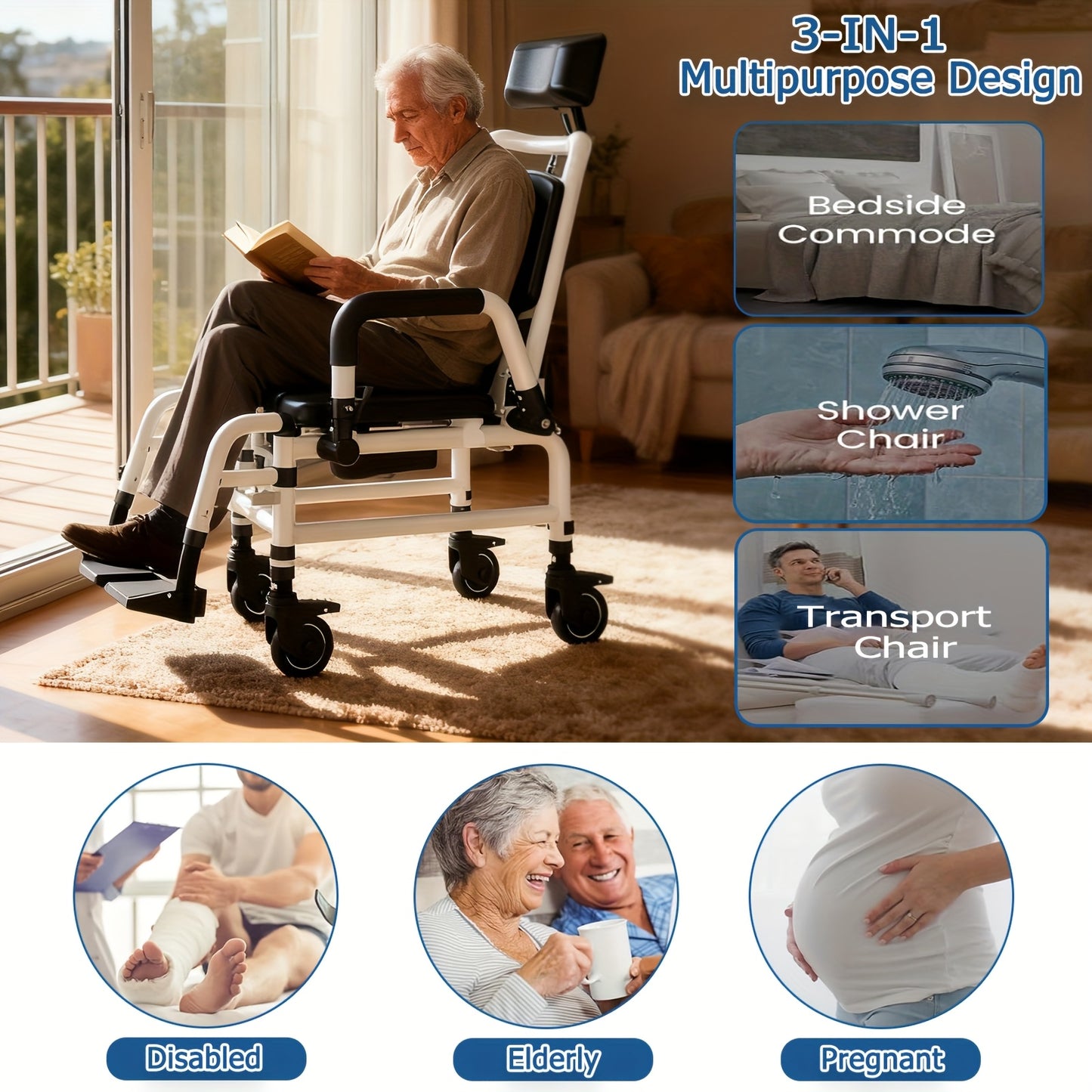 Douchestoel – Douchestoel Met Wielen – Douchekruk – Mobiele Douchestoel – Recliner Douchestoel – Aluminium Frame – Verstelbare Rugleuning & Hoofdsteun – Zwart