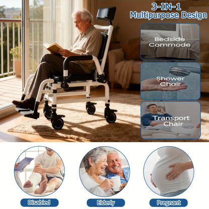 Douchestoel – Douchestoel Met Wielen – Douchekruk – Mobiele Douchestoel – Recliner Douchestoel – Aluminium Frame – Verstelbare Rugleuning & Hoofdsteun – Zwart