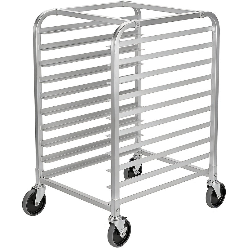 10/15-Tier Heavy-Duty Compact Mobile Bun Pan Rack with Lockable Wheels - Space-Saving Cooling Storage Shelf Suitable for Bakery, Kitchen, Restaurant - Assembly, Aluminum Shelving Unit