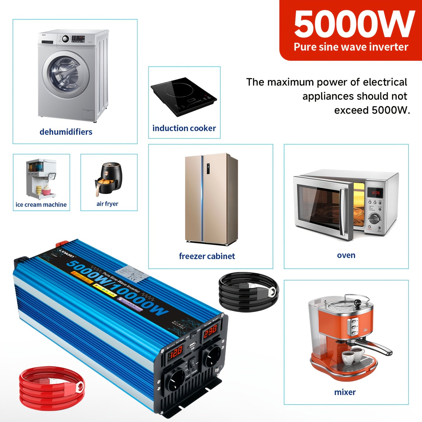 Power Inverter 5000W – Omvormer – Spanningsomvormer – DC naar AC Converter – Zuivere Sinus Inverter 12V – 4 AC Uitgangen & USB – LED Display – 10000W Piekvermogen