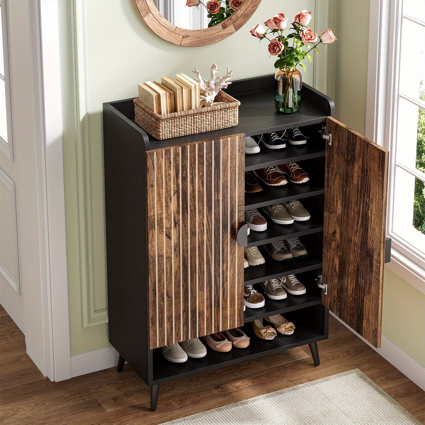Schoenenkast – Schoenopberger – Schoenenrek – Schoenenschuifkast – Schoenmeubel – Rustic Brown Zwarte Afwerking – 6 Laags Met 3 Lades En 2 Deuren – Massief Hout En Kunststof Board – Compact 68,5 cm Hoogte