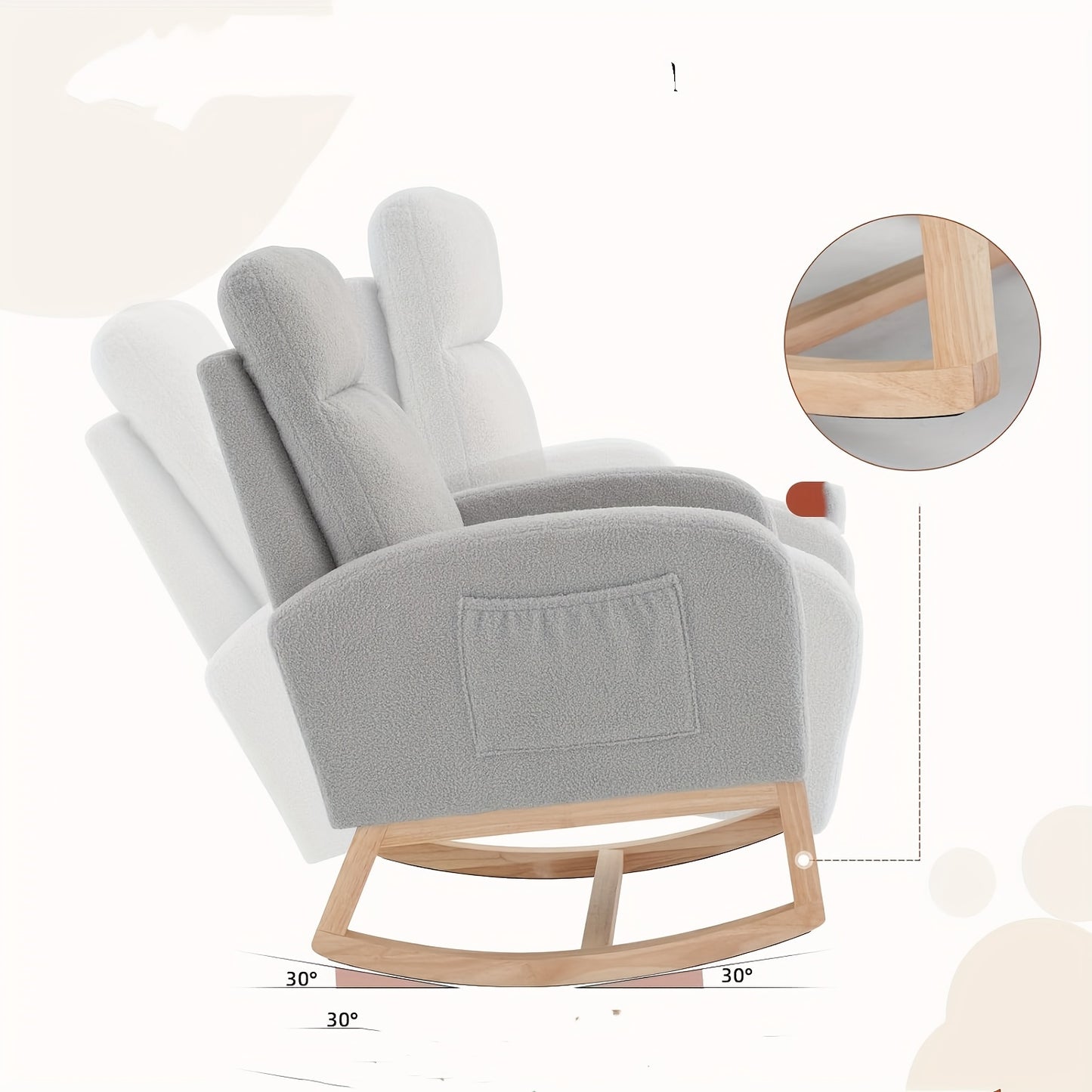 Schommelstoel – Relaxstoel – Fauteuil – Voedingsstoel – Wingbackstoel – Ergonomische Hoge Rugleuning – Stevig Rubberhout-Look Frame met Zijzakken