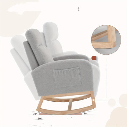 Schommelstoel – Relaxstoel – Fauteuil – Voedingsstoel – Wingbackstoel – Ergonomische Hoge Rugleuning – Stevig Rubberhout-Look Frame met Zijzakken