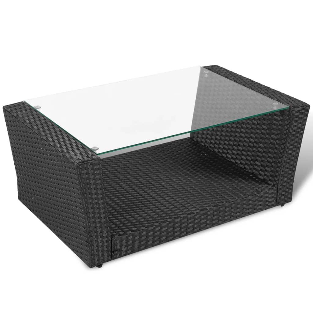 Loungeset – Tuinset – Rattan Loungeset – Buitenmeubel – Tuinmeubel – Weerbestendig Poly Rattan – Waterafstotende Kussens – Zwart – Glazen Tafelblad