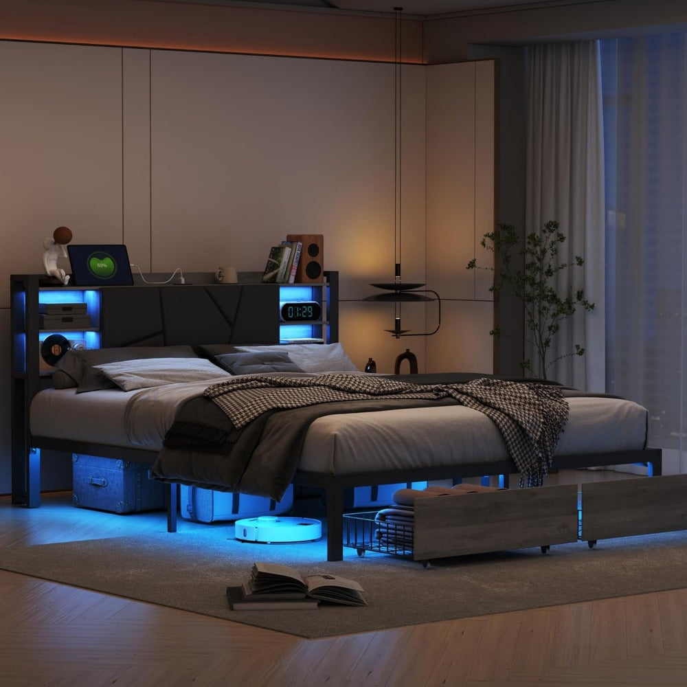Tweepersoonsbed – Dubbelbed – Bedframe – Lit 160x200 – Gestoffeerd Bed – LED-verlichting – USB-oplaadpoort – Met Laden – Metalen Lattenbodem