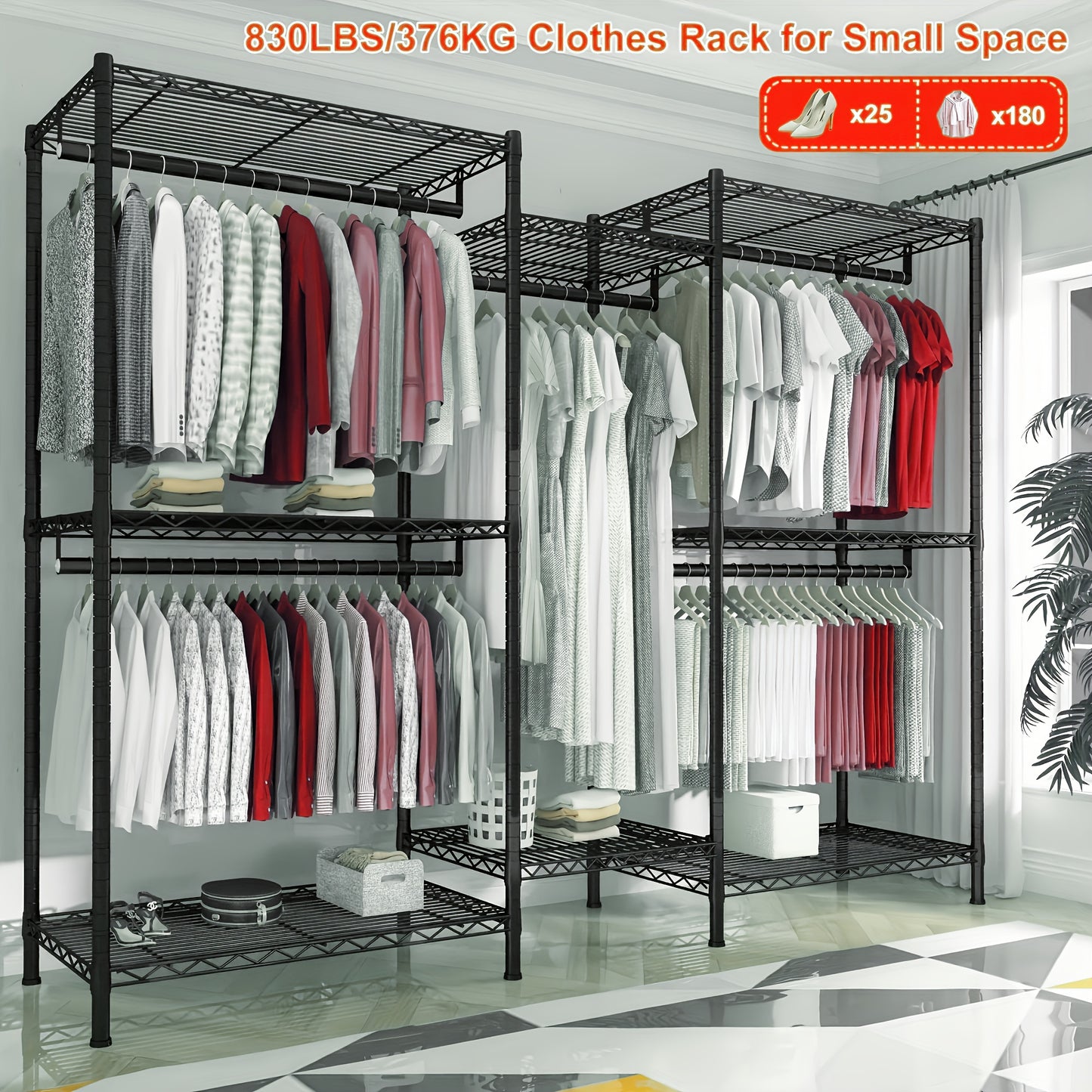 Heavy Duty Kledingrek – Kledingstender – Garderoberek – Kledinghanger – Kastorganizer – Extra Groot – 410,5 KG Capaciteit – 8 Planken & 5 Hangstangen – Roestvrij Stalen Frame – Vrijstaand – Ruimtebesparend Verticaal Design