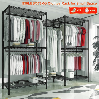 Heavy Duty Kledingrek – Kledingstender – Garderoberek – Kledinghanger – Kastorganizer – Extra Groot – 410,5 KG Capaciteit – 8 Planken & 5 Hangstangen – Roestvrij Stalen Frame – Vrijstaand – Ruimtebesparend Verticaal Design