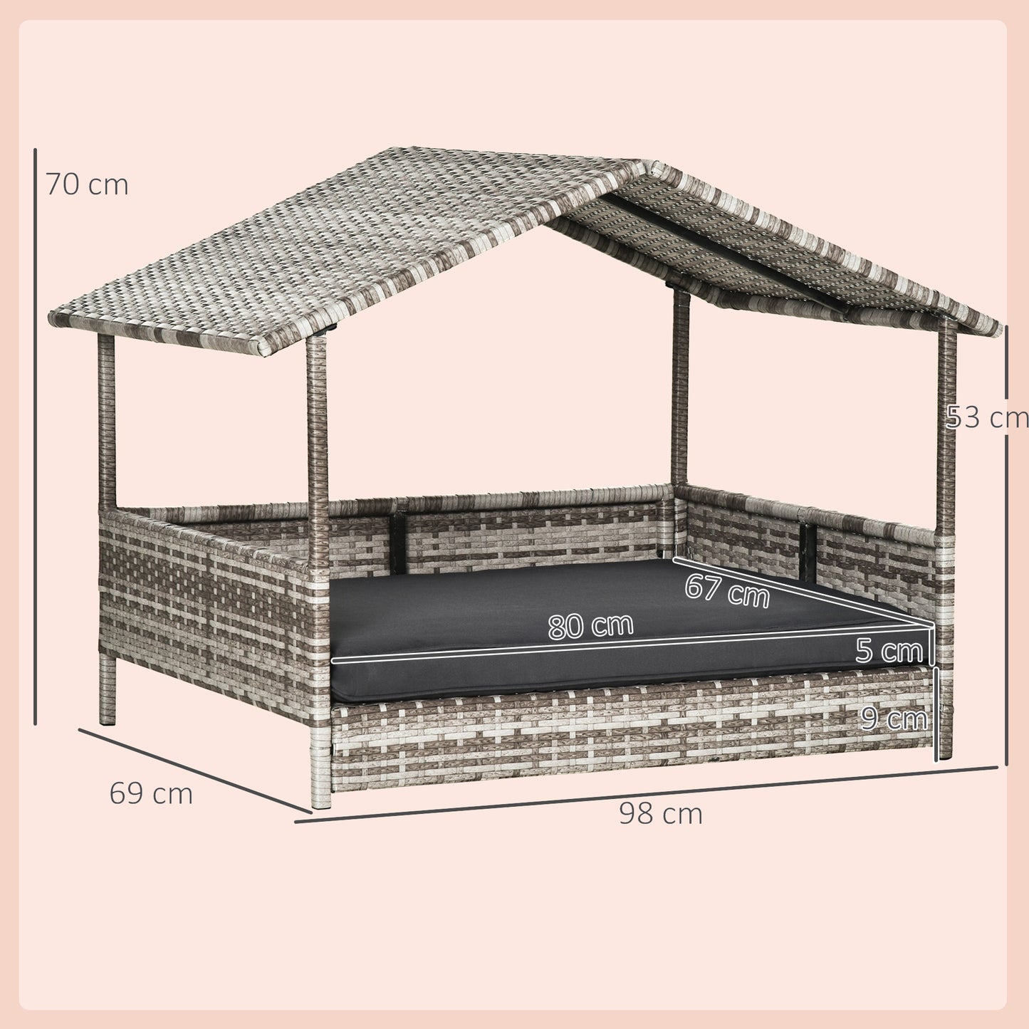 Hondenhok – Hondenmand – Hondenkennel – Hondenhuisje – Huisdier Bed – Rattan Met Staal – Inclusief Comfortabel Kussen – Grijs 69x98x70 cm