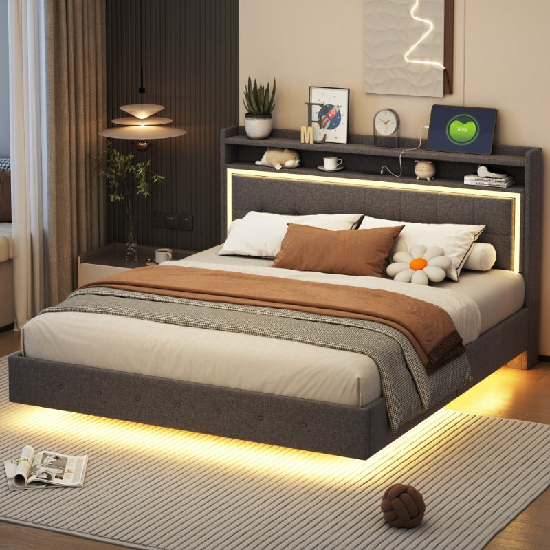 Bedframe – Ledikant – Slaapkamerset – Boxspring – Tweepersoonsbed – Grijs Linnen – Zacht Hoofdbord – Verborgen Poten – Modern Design – 160x200 cm Stabiel