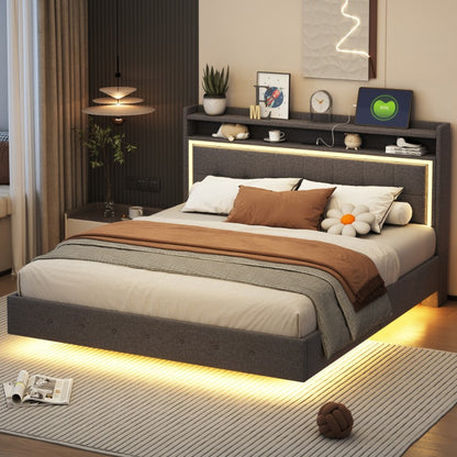 Bedframe – Ledikant – Slaapkamerset – Boxspring – Tweepersoonsbed – Grijs Linnen – Zacht Hoofdbord – Verborgen Poten – Modern Design – 160x200 cm Stabiel
