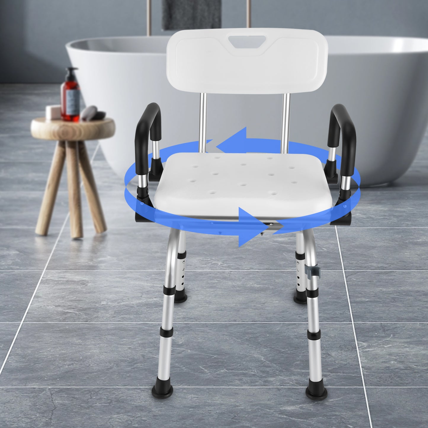 Douchekruk – Douchestoel – Douchestoeltje – Badkamerkruk – Zitting met Armleuningen – Aluminiumlegering – 360° Draaibaar – Verstelbare Hoogte 40-48 cm – Max. Draagkracht 180 kg
