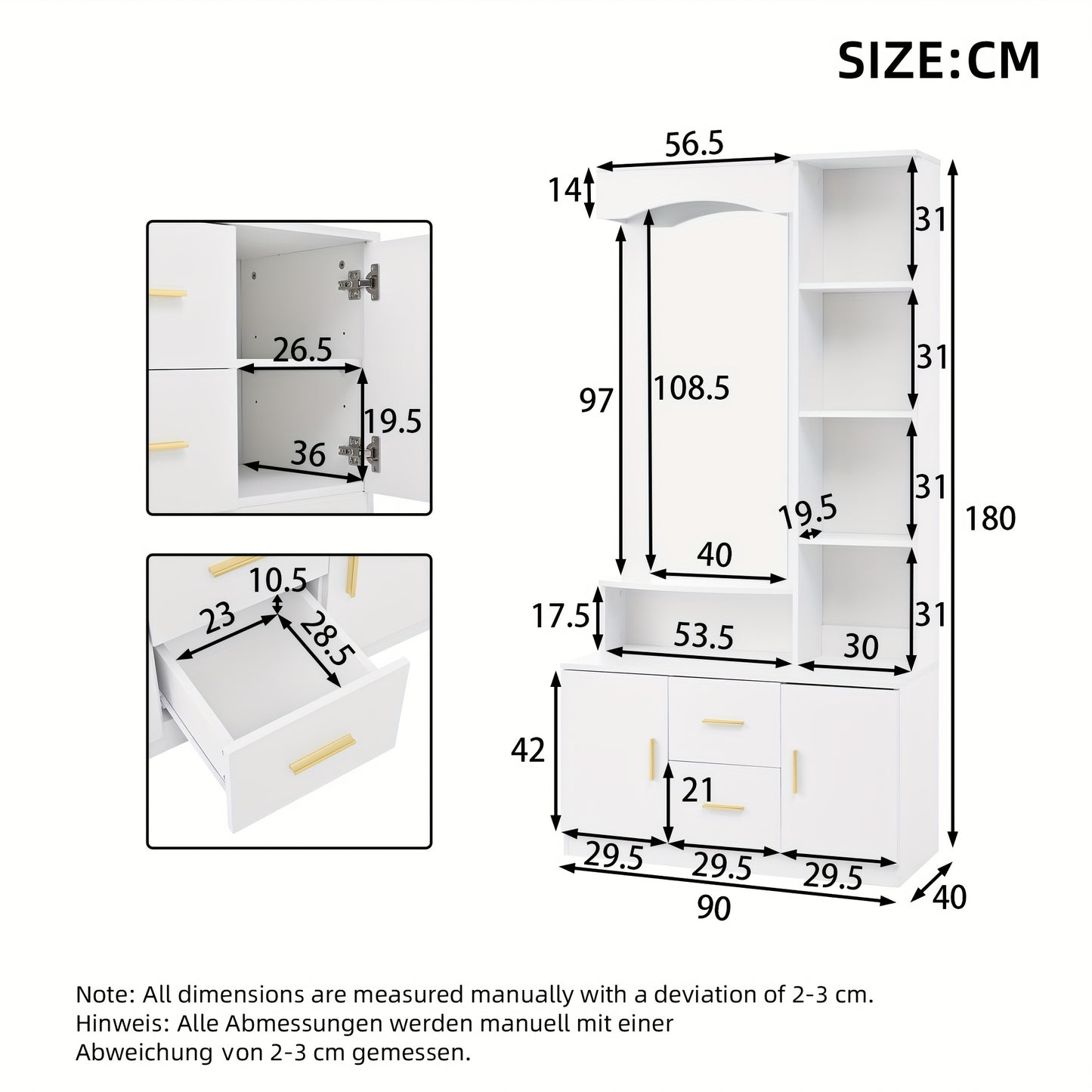 Multifunctional Entryway Cabinet with Storage Space, Shoe Cabinet, and Mirror | 2 Drawers and 2 Cabinets, Drawer Unit with Shelves, White, Floor Mount, Classic Style