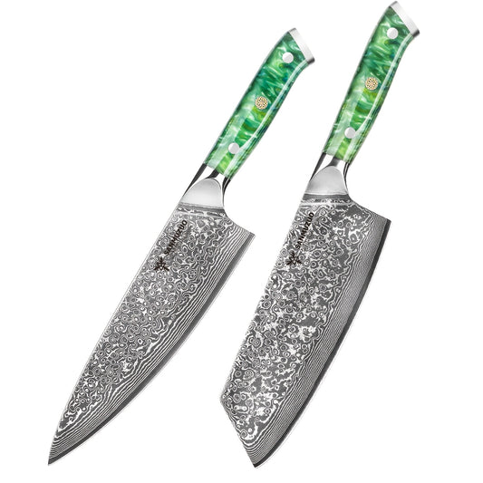 Keukenmes – Koksmes – Nakiri Mes – Groentemes – Set Van 2 – VG10 Damascus Staal – Resin Handvat