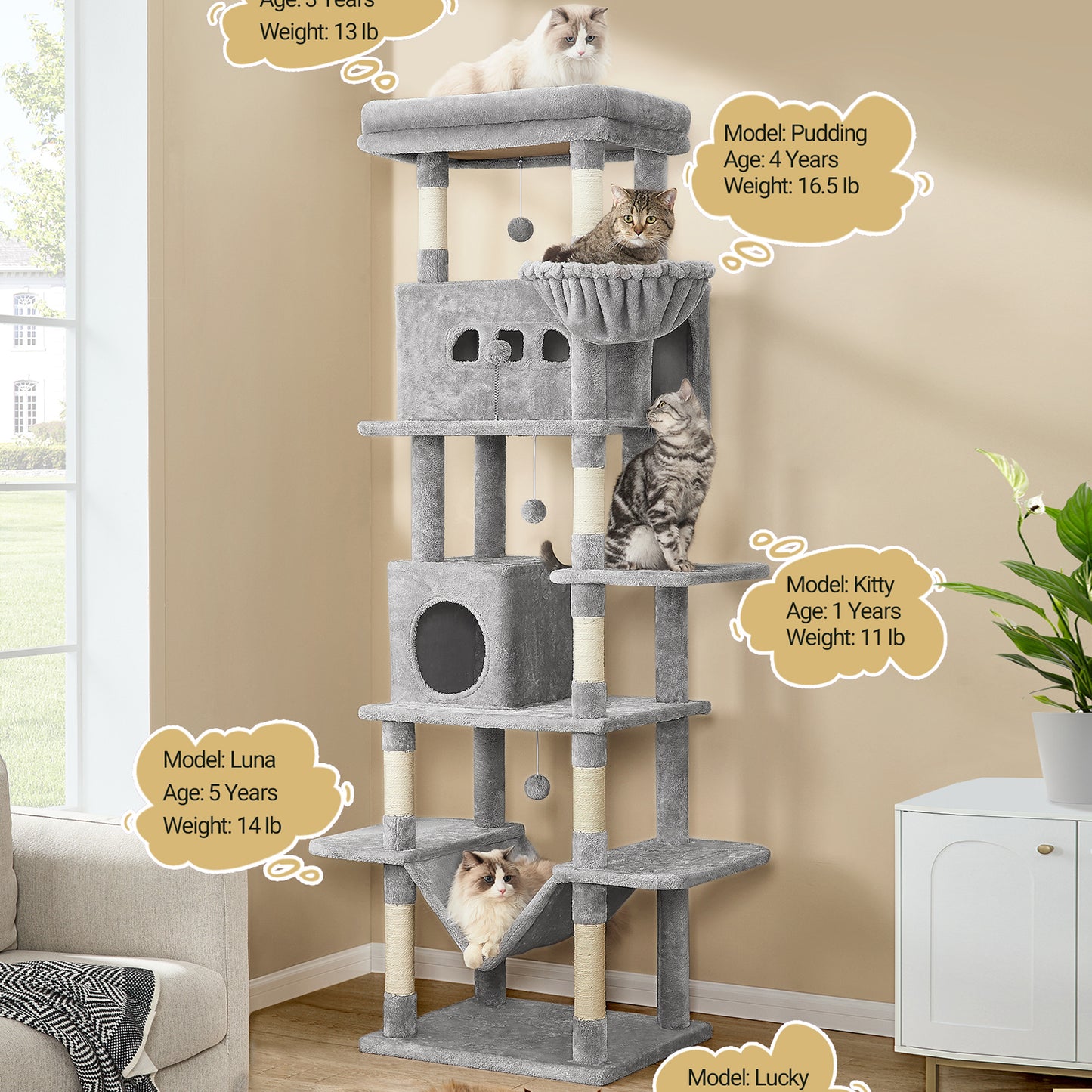 Krabpaal – Kattenpaal – Kattenboom – Krabmeubel – Krabton – Extra Hoog 210 cm – Met 8 Sisal Stammen & Grote Ligplaats
