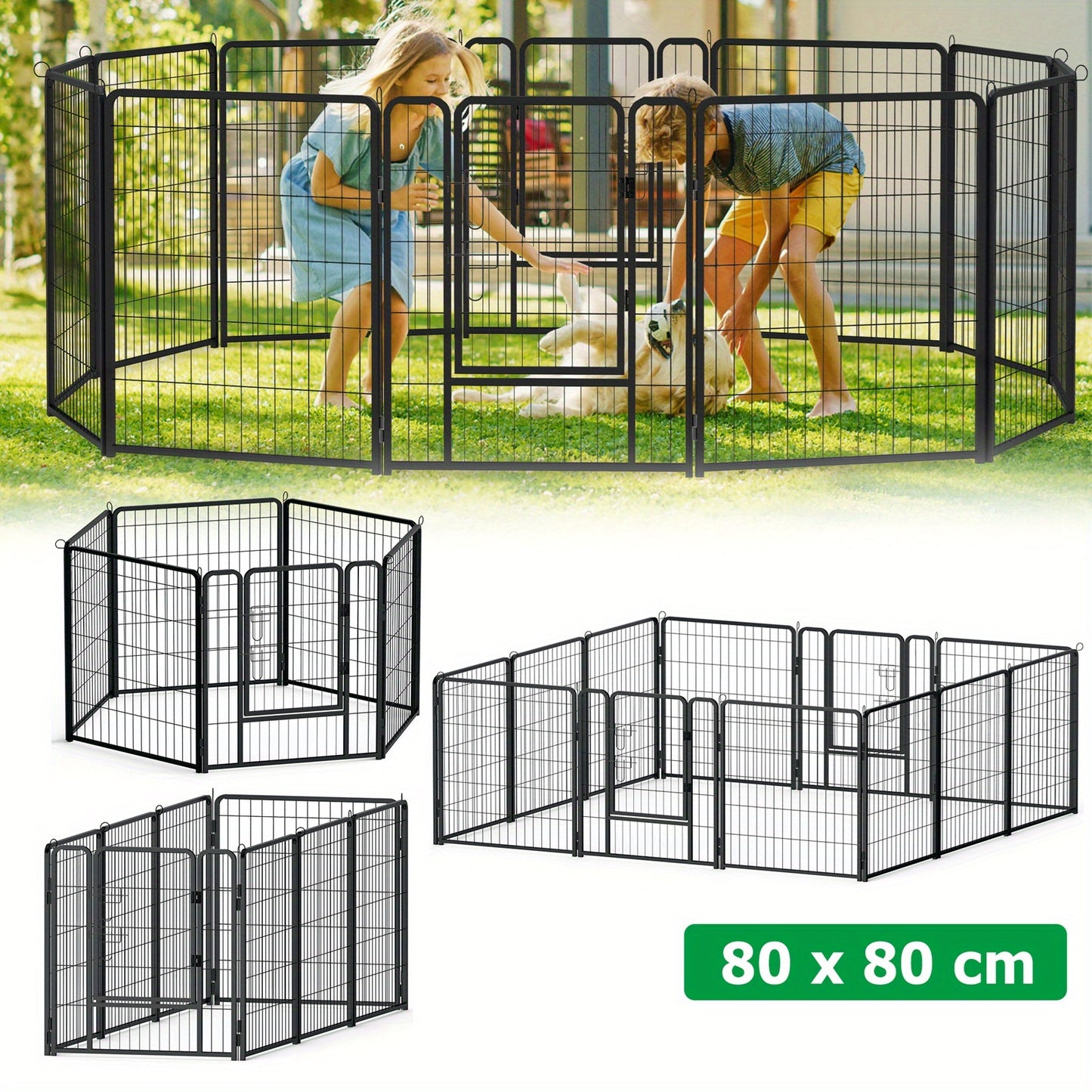 Hondenhek – Puppyren – Dierenhek – Veilige Afzetting – Traphekje – 12 Panelen – Inklapbaar – Met Deur – Metalen Frame – Versterkte Grondankers