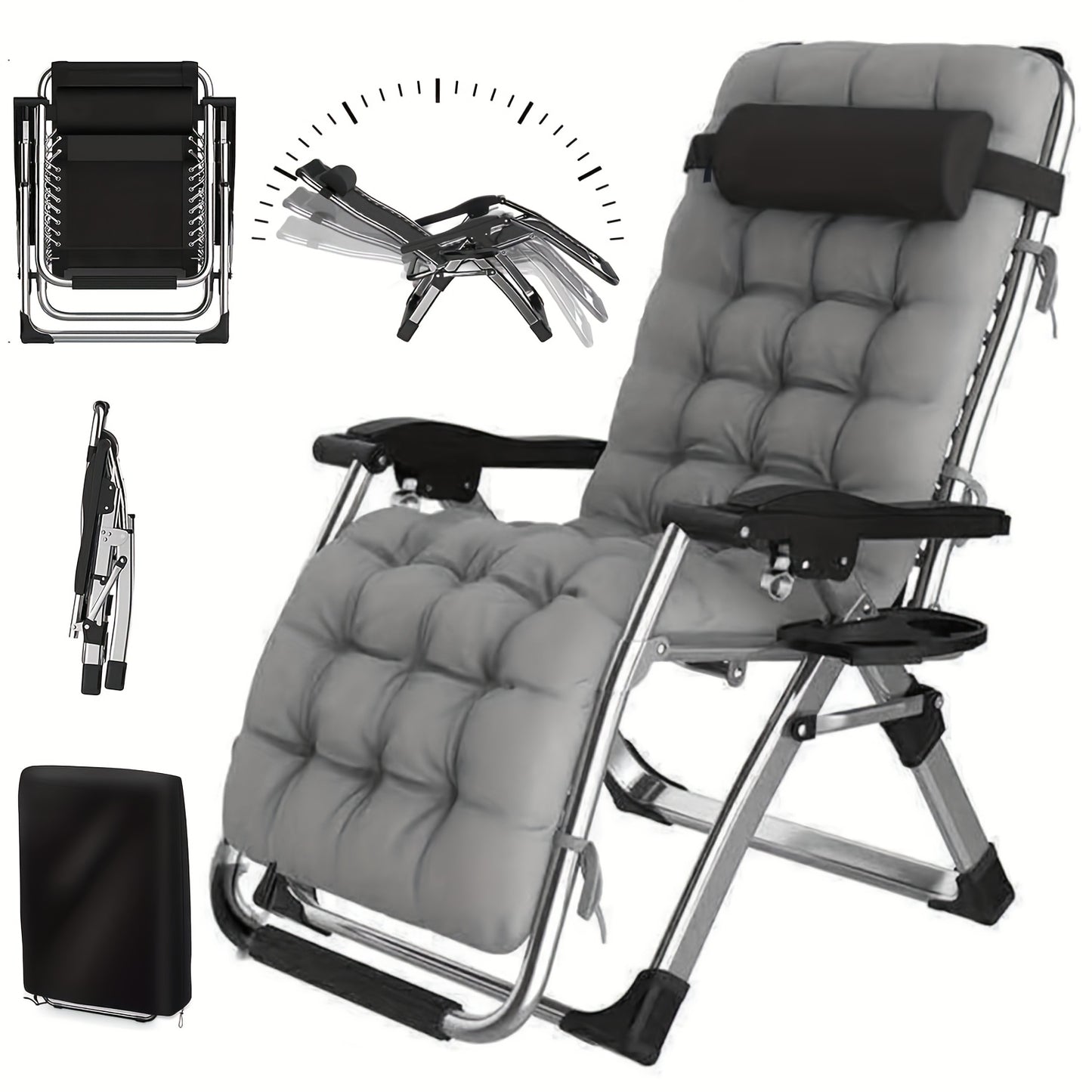 Inklapbare verstelbare ligstoel – loungestoel – tuinstoel – strandstoel – relaxstoel – met zacht katoenen kussen – stevig metalen frame – grijs