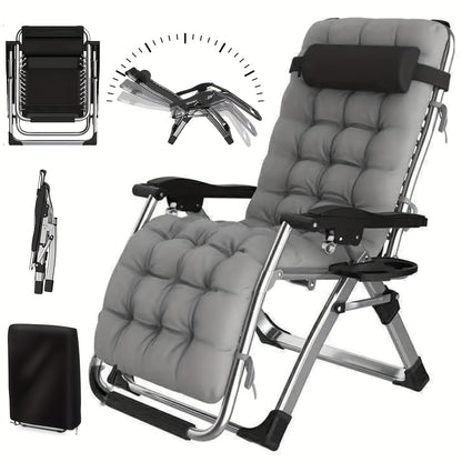 Inklapbare verstelbare ligstoel – loungestoel – tuinstoel – strandstoel – relaxstoel – met zacht katoenen kussen – stevig metalen frame – grijs