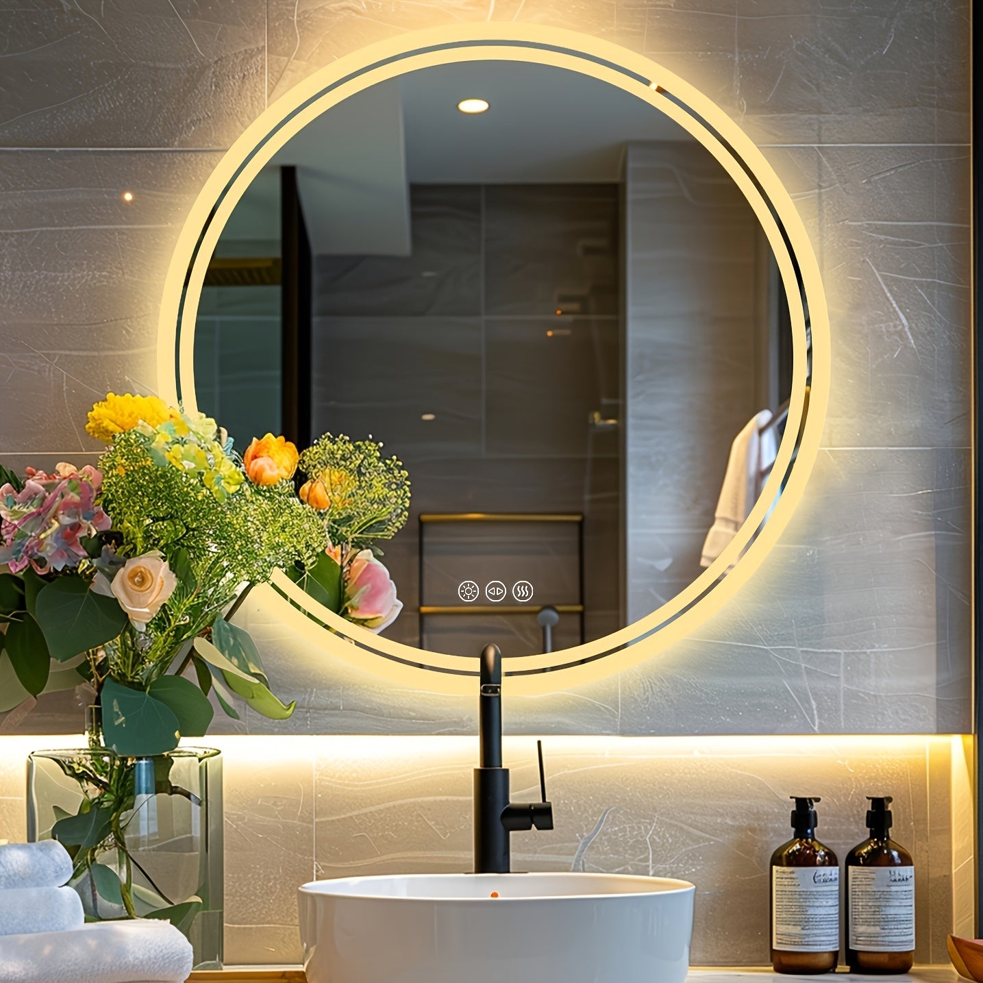 Round LED Bathroom Mirror, Dimmable Lighting, 60/80cm Backlit Anti-fog Makeup Wall Mirror, Smart Touch Button, Cold/Warm/Neutral Light, Memory Function Modern Shaving Mirror, with Frosted Edge, Bathroom Mirrors for Wall, Cont