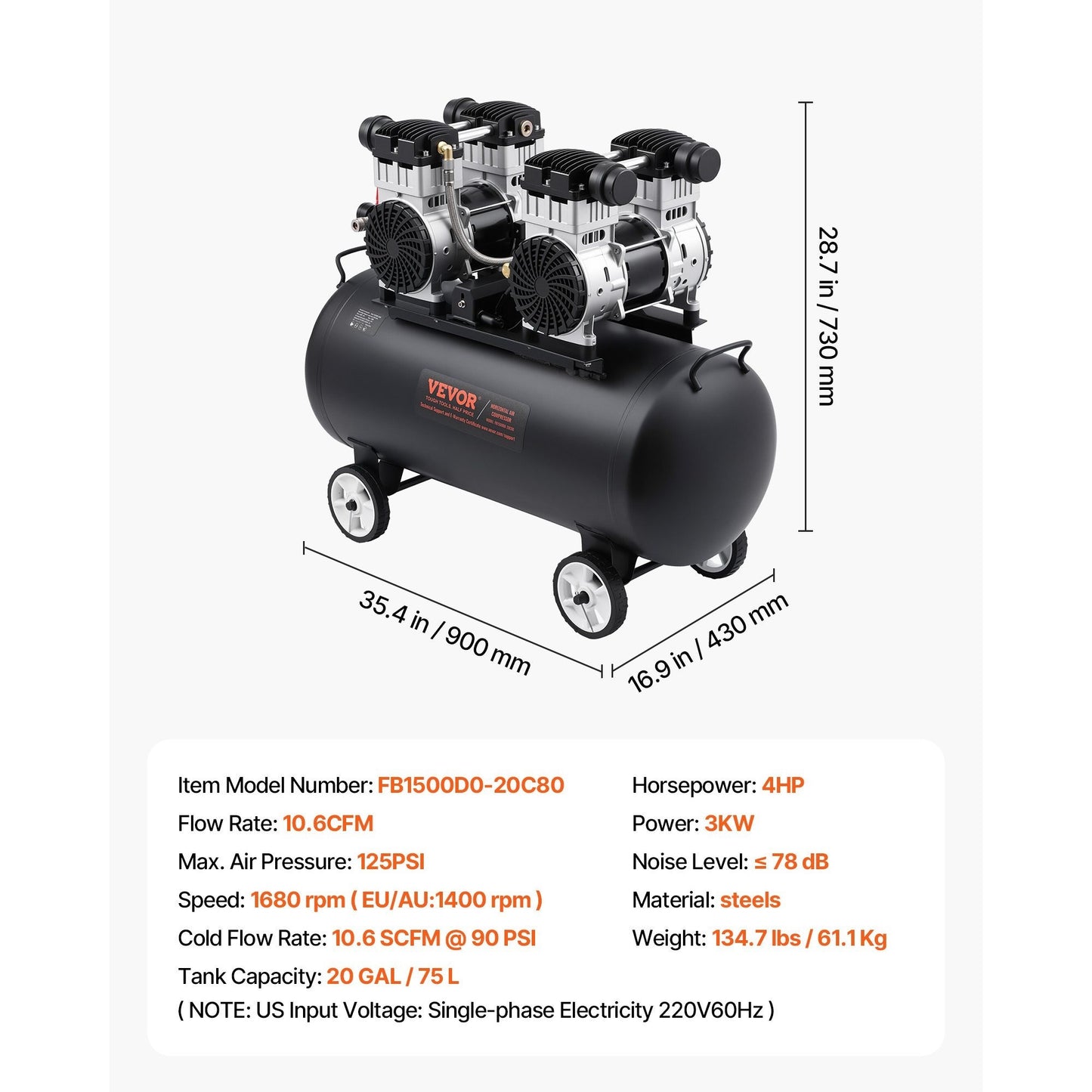 Luchtcompressor – Compressor – Pneumatische Compressor – Airpump – Compressor Machine – Zwarte Variant – Oli-vrije 3 kW Motor – 20 Gallon 90 PSI Reservoir
